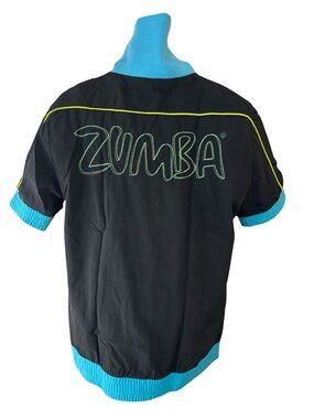 Zumba Fitness Women's L Short Sleeve Nylon Track Jacket Windbreaker Black Teal